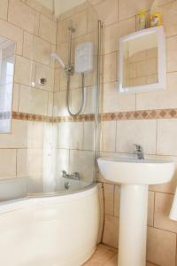 a bathroom with a sink and a toilet and a shower at Stafford House in Norwich