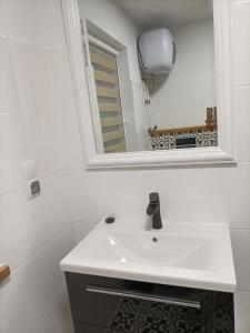 a bathroom with a white sink and a mirror at Zielona Ostoja in Ryn +17 photos