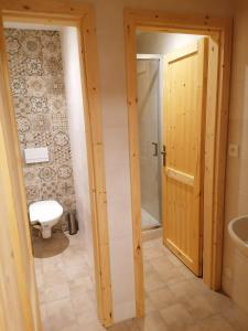 a bathroom with a toilet and a wooden door at Chata Klášter in Hraběšice