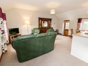 a living room with a green couch and a television at Peniarth in Pen-y-bont-fawr