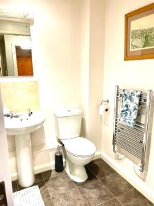 a bathroom with a toilet and a sink at Luxurious two-bedroom apartment in the centre of Peterborough in Peterborough