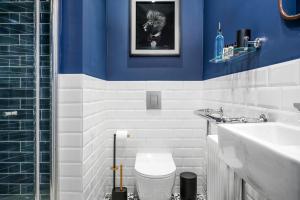a blue and white bathroom with a toilet and a sink at Roslin Place - Grampian Lettings Ltd in Aberdeen
