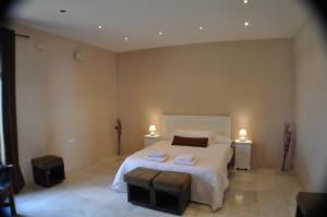 ein Schlafzimmer mit einem großen Bett mit zwei Tischen und zwei Lampen in der Unterkunft Cortijo la amazona in Sevilla