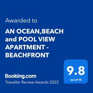 AN OCEAN,BEACHFRONT AND POOL VIEW Apartment 210 tesisinde sergilenen bir sertifika, ödül, işaret veya başka bir belge