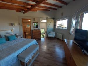 sypialnia z łóżkiem i telewizorem z płaskim ekranem w obiekcie DECKS AL LAGO w mieście Bariloche