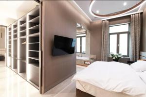 ein Schlafzimmer mit einem großen Bett und einem TV an der Wand in der Unterkunft Luxury Penthouse in Downtown in Budapest