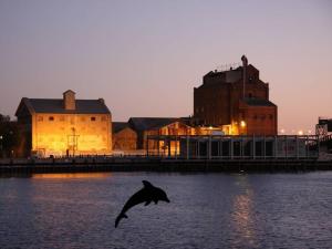a dolphin flying over the water in front of a building at Port Adelaide Backpackers in Adelaide