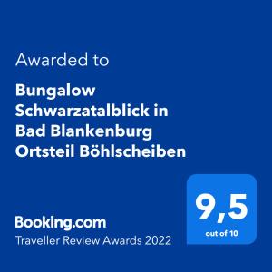 Сертифікат, нагорода, вивіска або інший документ, виставлений в Bungalow Schwarzatalblick in Bad Blankenburg Ortsteil Böhlscheiben