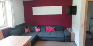 ein Wohnzimmer mit einem blauen Sofa und rosa Kissen in der Unterkunft Ferienwohnung Thanner in Stumm