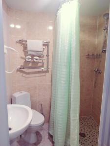 a bathroom with a toilet and a sink and a shower at Krona Hotel in Dibuny