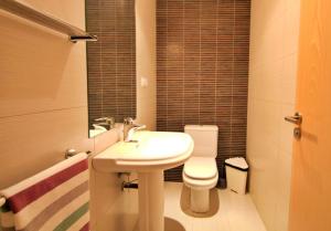 La salle de bains est pourvue d'un lavabo blanc et de toilettes. dans l'établissement Areny, Canillo centro, en frente del telecabina de Grandvalira, à Canillo