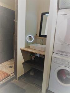 a bathroom with a sink and a washing machine at Maison Berrichonne 2 chambres cour et jardin in Saint-Marcel +25 photos