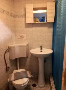 a small bathroom with a toilet and a sink at Hotel Korydallos in Piraeus