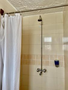 a shower with a shower curtain in a bathroom at Kenya Comfort Suites in Nairobi