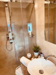 a bathroom with a sink and a shower at Trio Apartments in Ostrava
