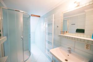 a bathroom with a glass shower and a sink at House VYPKA in Liptovský Mikuláš