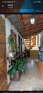 a living room with plants and a wooden ceiling at Pousada Esquina de Lavras in Lavras Novas