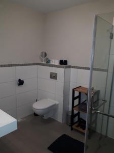 a white bathroom with a toilet and a shower at Pension in der Alten Mälzerei in Angermünde