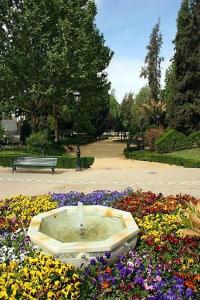 un parco con una fontana in mezzo ai fiori di Apartamento Maracena Centro a Maracena