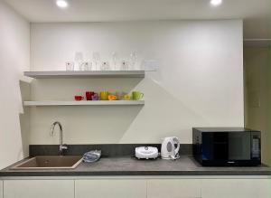 a kitchen counter with a microwave and a sink at Residenza SubitoSanto - Appartamento 4A "Mantegna" in Padova
