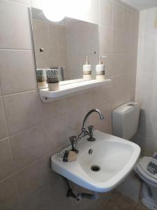 a bathroom with a sink and a mirror and a toilet at Rania House in Neos Marmaras