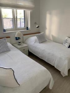 2 camas en una habitación con 2 ventanas en Delux Villa Hedonica, en Žaborić