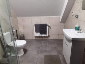 La salle de bains est pourvue de toilettes et d'un lavabo. dans l'établissement Noclegi Damianek, à Nowy Targ