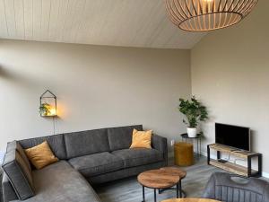 een woonkamer met een bank en een tv bij Achterhoekse vakantiewoning, infraroodsauna, geweldig uitzicht, goede bedden in Aalten