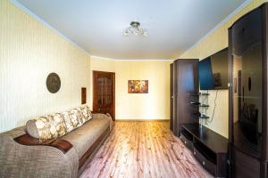 a living room with a couch and a television at Spacious apartment at the foot of Mashuk mountain in Pyatigorsk