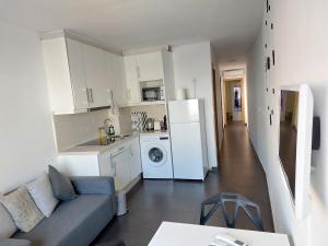eine Küche und ein Wohnzimmer mit einem Sofa und einem Kühlschrank in der Unterkunft Apartamento Turismo Badajoz in Badajoz