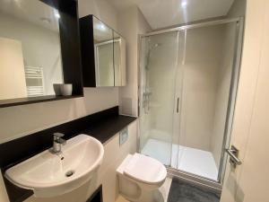 ein Bad mit einem WC, einem Waschbecken und einer Dusche in der Unterkunft London Dockside Apartment in London