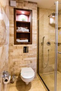 a bathroom with a toilet and a shower at Hotel River in Luduş