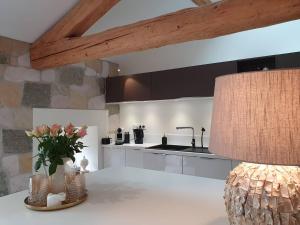 a kitchen with a table with a lamp and flowers at Résidence Espéraza in Espéraza