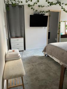 1 dormitorio con 1 cama y TV en la pared en "Les Chaillottes", en Chailles