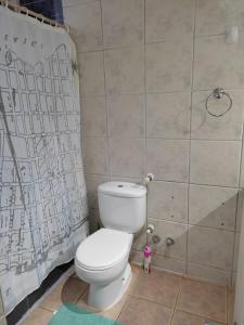 Hospedaje Austral في بويرتو مونت: حمام مع مرحاض وستارة دش