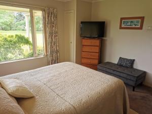 a bedroom with a bed and a television and a dresser at Mattanna Apartment in Rangiora