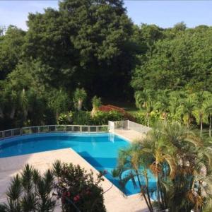 una grande piscina blu con alberi sullo sfondo di Antilo - appartement proche mer a Le Diamant