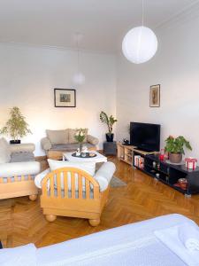 a living room with two couches and a tv at Bueno Apartment in Belgrade