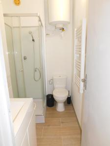 uma casa de banho com um WC e uma cabina de duche em vidro. em Appartement tout équipé à 15 min des plages em Béziers
