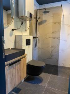 亞霍里納的住宿－Olympic Oasis，一间带黑色卫生间和淋浴的浴室