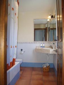 San Esteban de la SierraにあるFuentes de Abajoのバスルーム(洗面台、トイレ、鏡付)