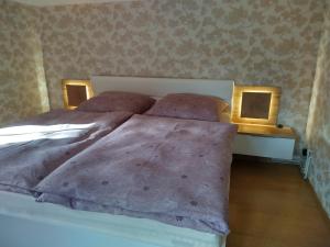 - une chambre avec un lit et 2 oreillers dans l'établissement Ferienhaus Gero, à Gernrode - Harz