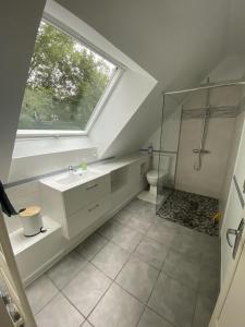 a bathroom with a shower and a sink and a window at La Petite Maison - Maison de Campagne aux portes du Perche in Irai