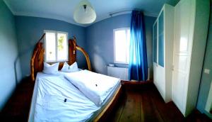 a bedroom with a bed with blue walls and two windows at Alexandrowka Wohnen im UNESCO Weltkulturerbe Haus in Potsdam