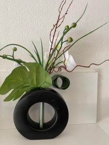 un vaso nero con fiori e piante. di JARDINS DE RAMEL – APPT 2106*** - CURE/SKI WIFI a Luchon