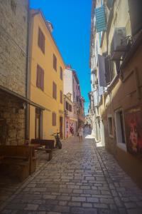 a cobblestone alley with a person walking down the street at Apartment Sea View in Rovinj