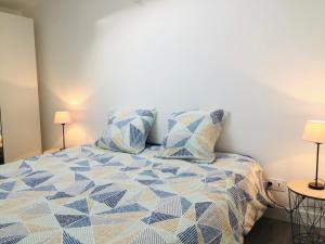 ein Schlafzimmer mit einem Bett mit zwei Kissen in der Unterkunft Chaleureux et spacieux appartement de centre-ville - Lit King Size - NETFLIX in Cherbourg en Cotentin