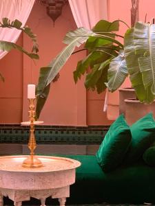 une table dans une pièce avec une plante en pot dans l'établissement The Bohemian Jungle, à Marrakech