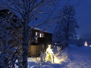 a cabin in the snow at night at Apartment Stillleben Luxus für die Seele in Abtenau