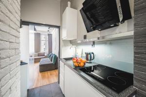 a kitchen with a stove and a counter top at Apartament Przy Żurawiu in Gdańsk